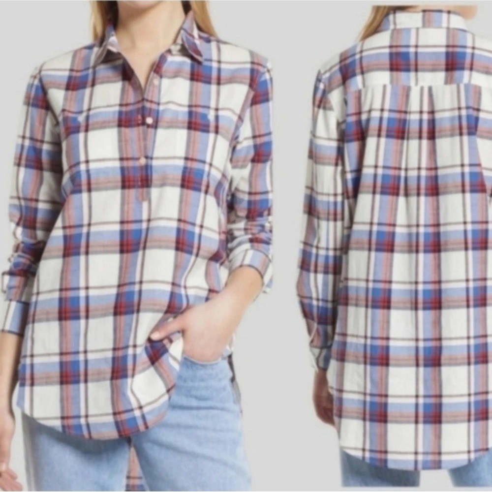 Caslon Womens Plaid Tunic Top Red White Blue Long Sleeve Button Front XS NEW
